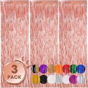 Voircoloria 3 Pack 3.3x8.2 Feet Rose Gold Foil Fringe Backdrop Curtains, Tinsel Streamers Birthday Party Decorations, Fringe Backdrop for Graduation, Baby Shower, Gender Reveal, Disco Party