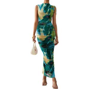 PRETTYGARDEN Women's Summer Maxi Floral Dresses Ruched Bodycon Sleeveless Mesh Formal Wedding Guest Cocktail Split Long Dress, Size: Small