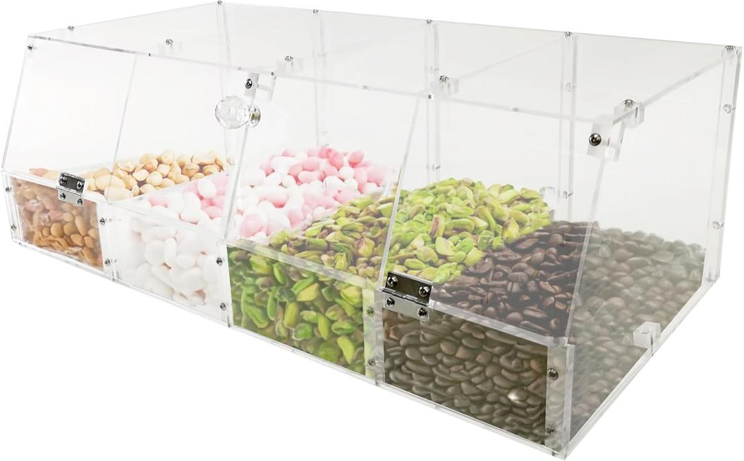 FixtureDisplays 24 X 12 X 8" Acrylic Candy Bin Plaxiglass Organizer 4 Compartments Display Bin for Candy, Cereal, Chocolate Coffee Beans, Stackable Assembly Video Provided 100827-NEW