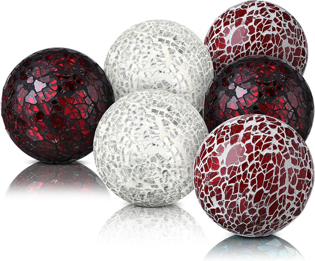 Cunhill 6 Pieces Decorative Balls for Bowls 6.5 cm / 2.5 Inch Orbs Glass Balls for Centerpiece Bowls Mosaic Sphere for Home Decoration Dining Table Christmas Party (White,Red,Reddish Black)