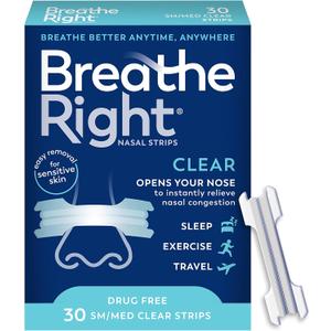 Breathe Right Nasal Strips, Clear Small/Medium Nose Strips, Snoring, Nasal Congestion, Deviated Septum, Allergies, 30 Ct