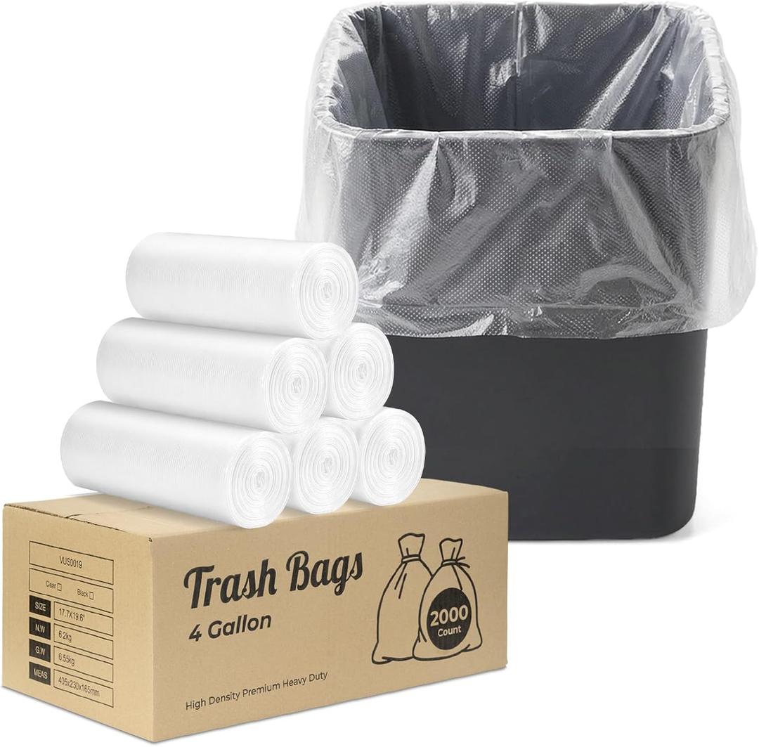 Delxo 4 Gallon Small Trash Bags, 2000 Count Bulk, 17.7 x 19.6" Clear Unscented Bathroom Trash Bags, 0.48 Mil Thick, Tear-Resistant Small Garbage Bags for Bathroom, Office & Commercial Use