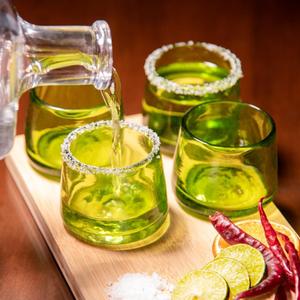 Mezcal & Tequila Sipping Glasses - Set of Four | Artisan Hand Blown Glass from Mexico | Handmade Copitas - Mezcal & Tequila Gift Set | Taste of Mexico in Every Sip (Lime Green)
