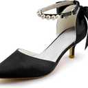 Coutgo Womens Pearl Ankle Strap Pumps Low Kitten Heel D'Orsay Satin Back Tieknot Heels Pointed Toe Wedding Party Dress Shoes 7.5