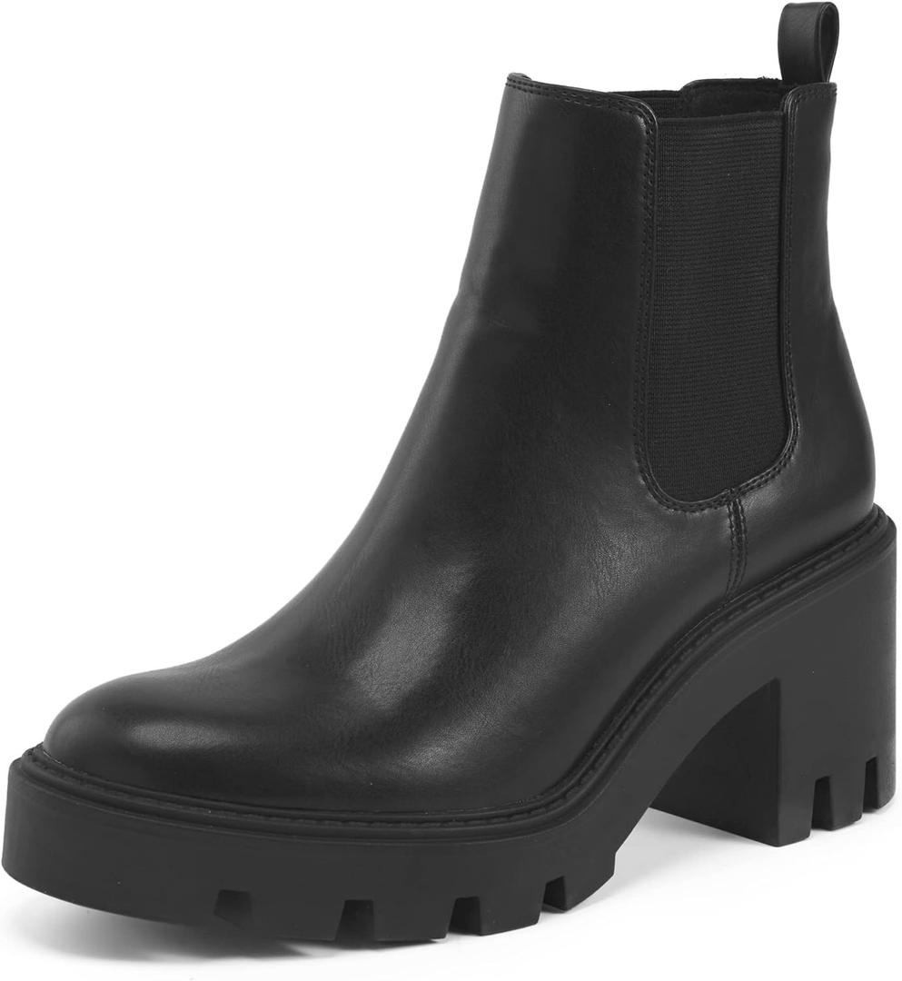 REDTOP Women's Chelsea Boots Fashion Platform High Heel Ankle Booties Round Toe Casual Elastic Chunky Block Heel Boots Black Size 7.5