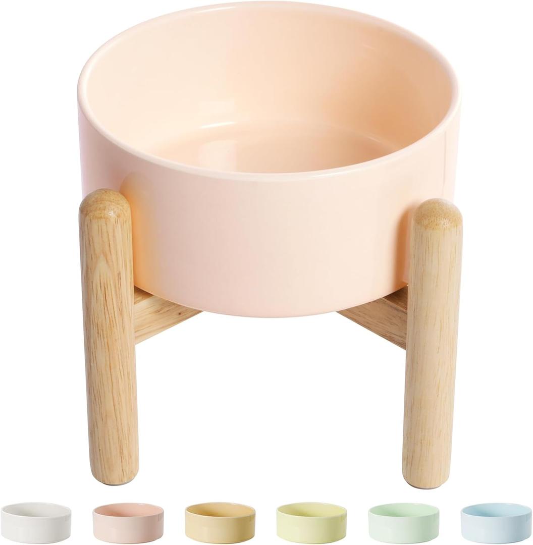 Elevated Ceramic Dog Food Bowl - Raised Feeding Bowl with Wooden Stand - Pet Dish for Small and Medium Dogs - Candy Colors - 2 Cups / 27 fl oz / 800 ml - Pink