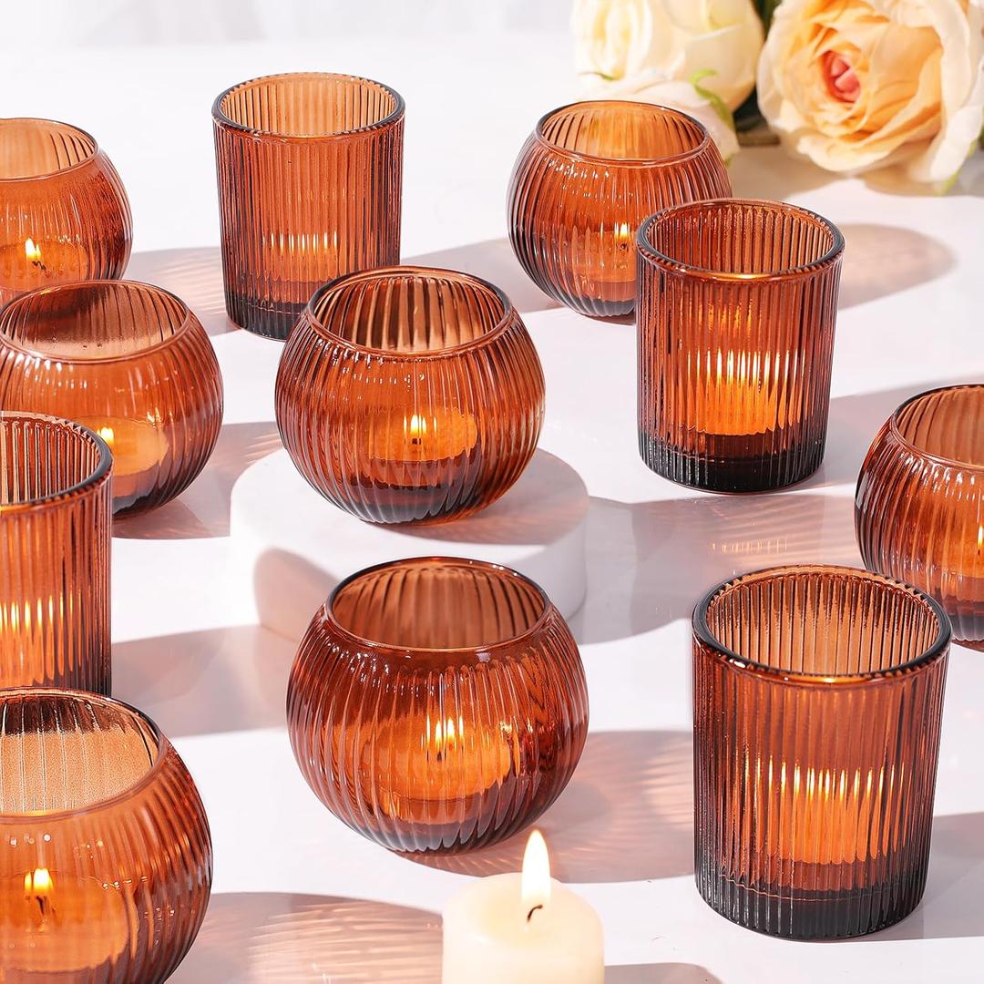 30pcs Assorted Ribbed Amber Votive Candle Holders, Amber Tea Lights Candle Holder for Wedding Decorations, Clear Glass Candle Holders for Fall Decor, Vintage Boho Party Home Table Centerpieces Decor