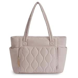 Ceneda Tote Bags For Women with Water Bottle Band Fit for Stanley Cup, Quilted Tote Bags with Wet Pocket and Compartment for Work (Beige)