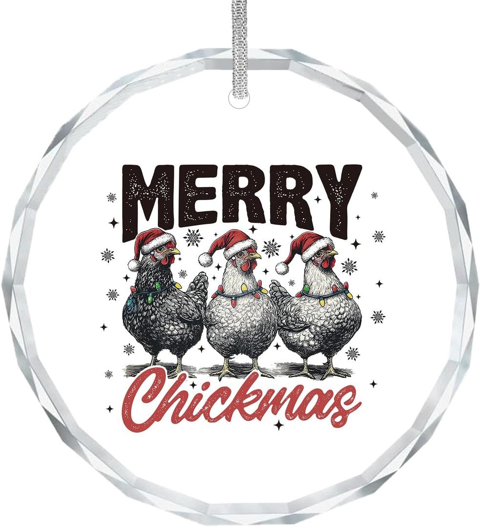 ZOFGUO Chicken Christmas Ornament, Funny Santa Chicken Clear Christmas Ornaments Decorations, Farm Xmas Hen Rooster Holiday Decorative Hanging Glass Ornament for Xmas Tree Car Holiday Decor