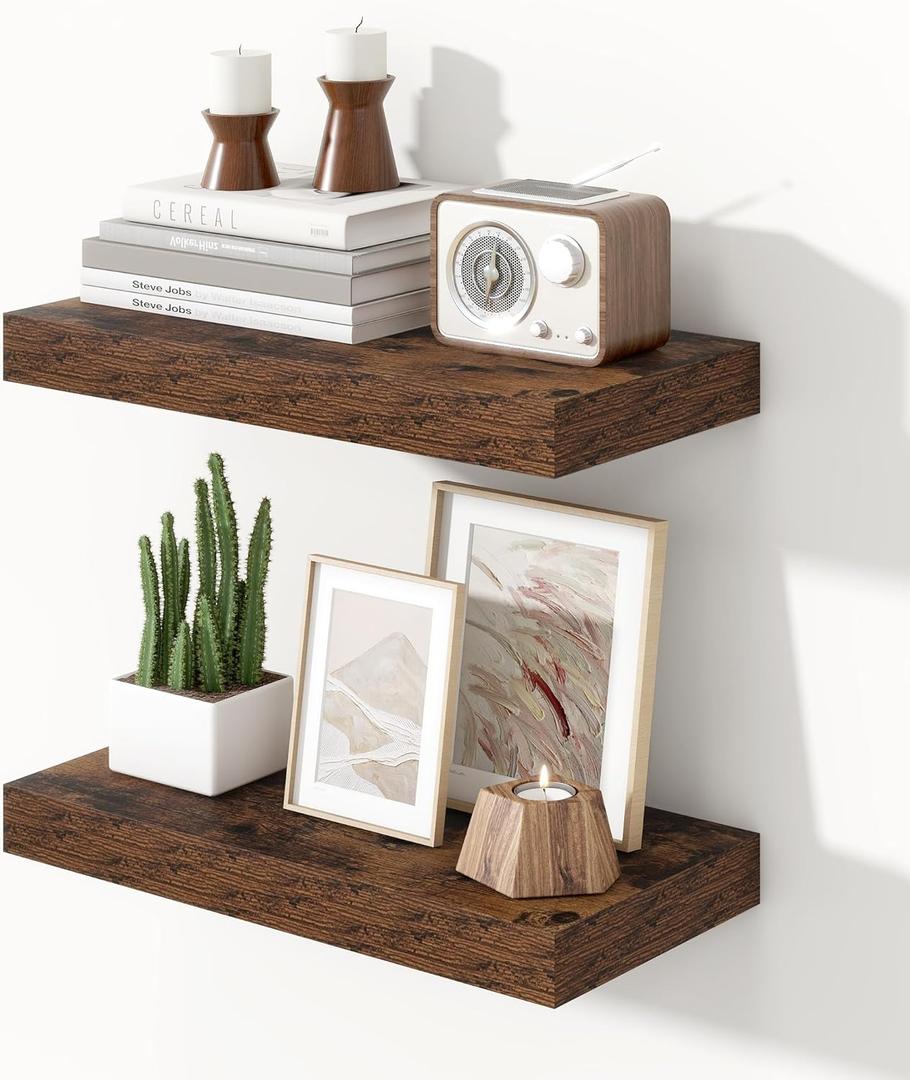 16 inch Brown Floating Shelves for Wall,6.7 inch Deep Small Bathroom Over Toilet Shelf,Wall Mounted Wood Shelves for Bedroom,Living Room,Kitchen,Office,Set of 2 (15.7"W x 6.7"D x 1.4"H, Set of 2)