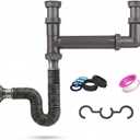 Double Bowl Kitchen Sink Drain Kit End Outlet Waste for 1-1/2 Inch Drains Adjustable Width (11" to 18") PP Tubular Plumbing with Flexible P-Trap Hose & Sealing Tape