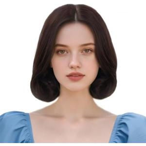 ANOGOL Hair Cap+ Short Brown Curly Wig with Middle Part for Women Princess Cosplay Wig Synthetic Hair Costume for Halloween Party
