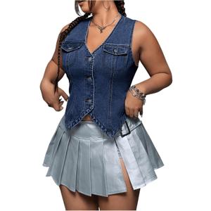 SHENHE Women's Plus Size Denim Vest V Neck Button Down Asymmetrical Y2k Jean Vest Crop Top, 3X-Large Plus