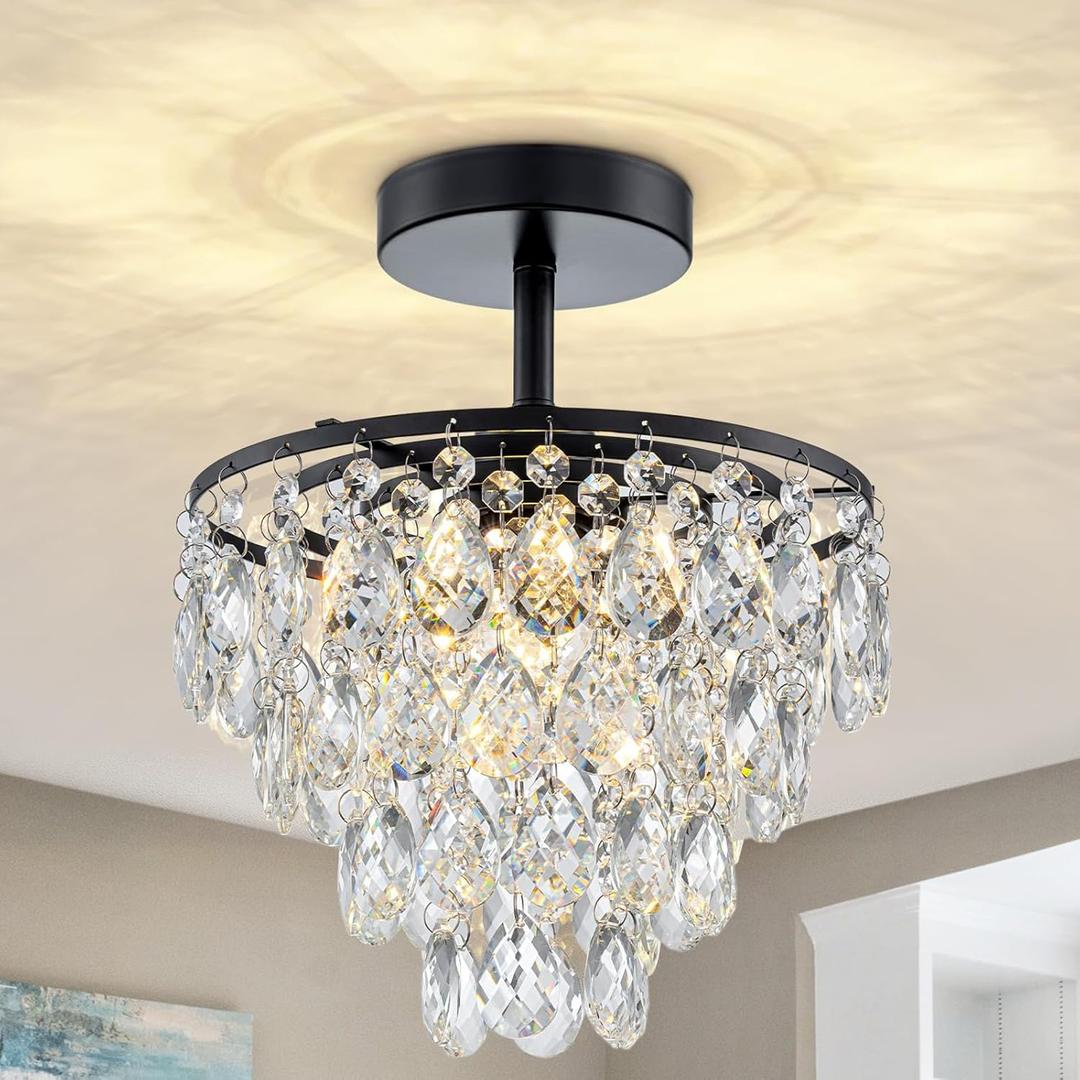 Mini Crystal Chandelier Modern Crysal Flush Mount Ceiling Light for Bedroom Closet Hallway with E26 Base Small Pendant Light (Black-Ceiling)