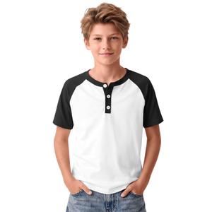 LessonZoo Boys Henley Raglen Shirts, White/Black, 11-12 Years (White)