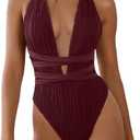 ZAFUL Women's One Piece Swimsuit Deep V Neck Ribbed Self Tie Sexy High Cut Bathing Suit Crisscross Back Swimwear, M