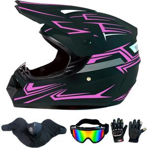 Dirt Bike Helmet Motocross ATV Motorcycle Full Face Off-Road E Bike Helmet DOT with Goggles Gloves Mask Purple Stripe L (58-59 cm)