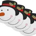 OWENIE Christmas Placemats Set of 4, Xmas White Snowman Round Place mats for Holiday Kitchen Dining Table, Burlap Embroidered Doilies with Red and Green for Kids, Xmas, Parties, Machine Washable