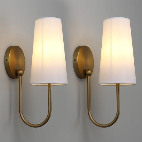 Yosoan Brass White Fabric Shade Wall Sconce Set of 2, Vintage Industrial Hardwired Gold Boho Wall Mounted with Long Cone Cloth Shade for Bedroom Living Room Aged Vanity Loft(Antique)