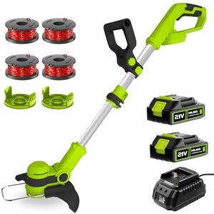 12 Inch String Trimmer Cordless, 21V Electric Weed Wacker with 2.0Ah Battery Powered, Auto Line Feed, 2 in 1 Trimmer and Lawn Edger with 4 Bonus Spools for Lawn, Garden, Yard