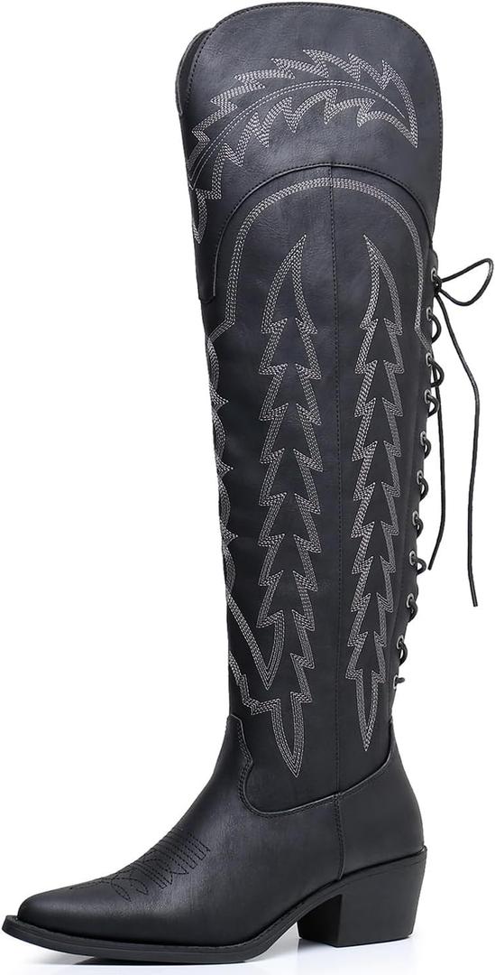 GLOBALWIN Women's Cowboy Western Fashion Over The Knee Thigh High Cowgirl Boots Low Heel (8.5, 23yy08 Black)
