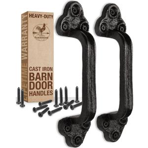 Heavy Duty Barn Door Handles (Set of 2) Black Rustic Cast Iron Gate Handles - Farmhouse Decor, Strong Closet Sliding Door Pull - with Hardware (Large - 9 inches, Indoor & Outdoor)