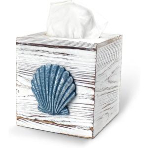 Coastal Tissue Box Cover Wooden Retro with Sliding Bottom Panel Beach Decor for Bathroom Bedroom Living Room,Seashell Decor Suitable for Coastal Gifts Beach House Gifts