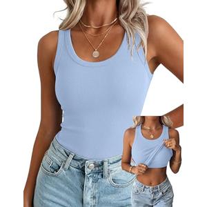 Zeagoo Basic Shelf Bra Tank Tops for Women Long Racerback High Neck Tanks Summer Workout Slim Fit Ribbed Tops Light Blue, Medium
