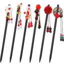 WILLBOND 6 Pcs Chinese Hair Sticks Japanese Vintage Wooden Chopsticks Accessories for Women Asian Floral Stick Classic Retro Tassel Flower Pins Handmade for Long Hanfu Hair (Vintage Red Tassel)