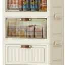 5-Tier Foldable Storage Cabinet with Doors, Collapsible Organizer with Magnetic Flip Lids, 24QT Wheels Storage Bin for Living Room, Kitchen, Bathroom (Clear Mixed)