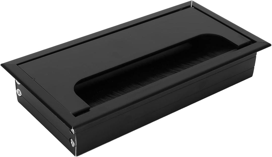 Joyzan Desk Grommet Cable Hole Cover, Rectangle Metal Wire Management Computer Managing Hiding Cord Office PC Organizer Aluminum Alloy Furniture Table Insert with Brush Outlet Port Home Black