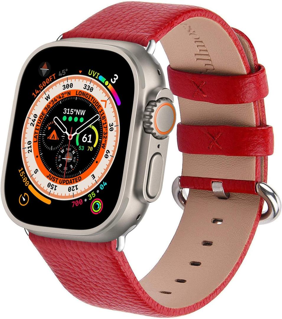 Fullmosa Compatible with Apple Watch Band 49/45/44/42/41/40/38mm Premium Genuine Leather Replacement Strap, Compatible with Apple Watch SE Series ultra 2/9/8/7/6/5/4/3/2/1 for Men and Women (Red)