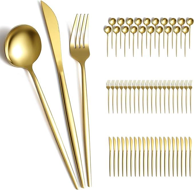 Evanda Gold Silverware Set 60 Piece Service for 20, Titanium Gold Plated Stainless Steel Flatware Set, Knives Forks Spoons Cutlery Set for Wedding, Parties, Birthday, Restauroom, Dishwasher Safe