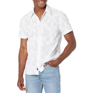 GUESS Men's Short Sleeve Floral Embrded Twill Shirt (Large, Pure White)