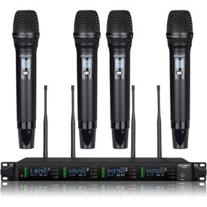 Professional 4 Channel Wireless Microphones System Auto Scan, UHF 4 x 50 Channel Metal Handheld Dynamic Cordless Microphone Set, 300Ft Range, Wireless Mics for Singing,Karaoke,Church and Dj