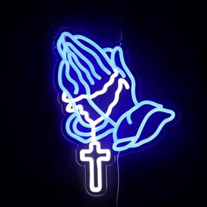 Praying Hands Neon Sign Cross LED Light Suitable for Bedroom, Living Room, Auditorium, Party Decoration Christian Neon Sign Gift for Believers14.4 * 13.2 Inch