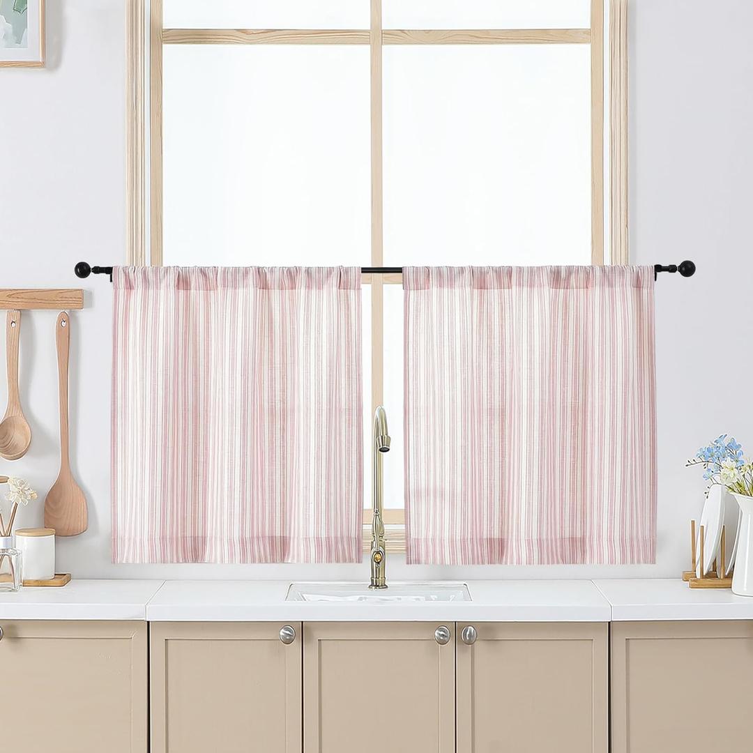 Chyhomenyc Striped Boho Kitchen Curtains 24 Inch Length - Light Filtering Faux Linen Half Window Cafe Curtains, Farmhouse Short Curtain Tiers for Bathroom RV Camper, 30Wx24L, 2 Pieces, Pink