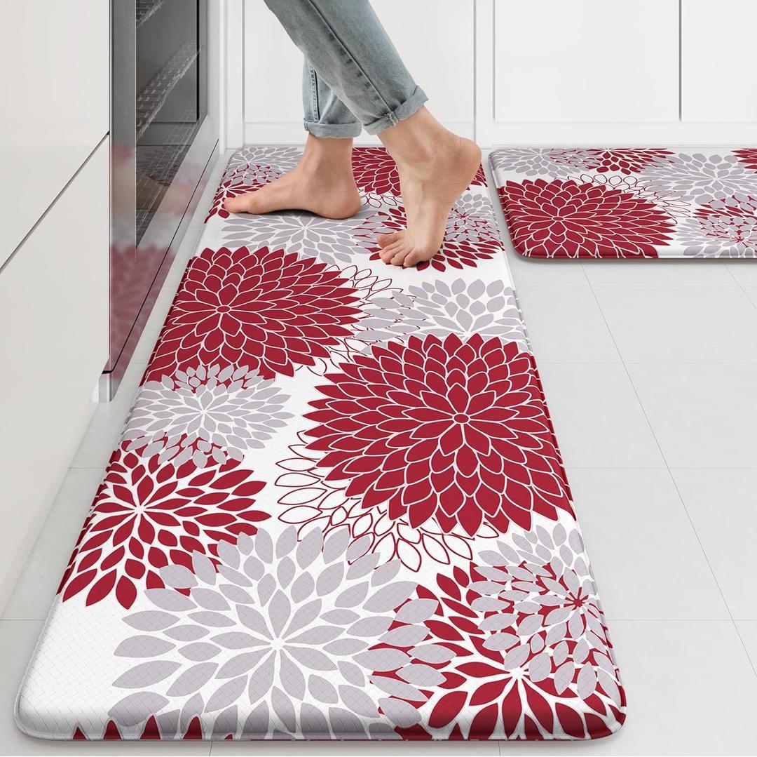 Anti Fatigue Kitchen Mats for Floor 2PCS,17"x47"+17"x29" Farmhouse Kitchen Rugs Non Slip Rubber Backing,Waterproof Cushioned Standing Mat for Office,Laundry,Sink,Desk,Red (17.3" x 47 "+ 17.3" x 29 "--0.47 inches)