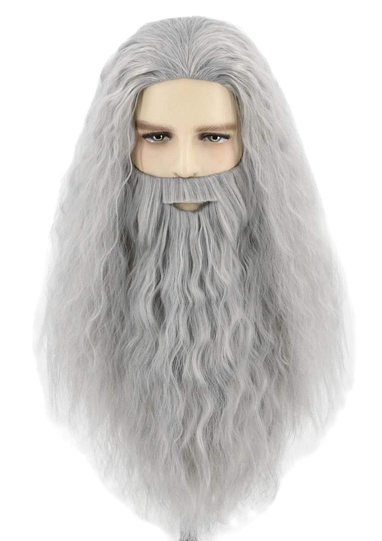 Topcosplay Men Wigs and Beard Set Long Gray Cosplay Halloween Costume Party Wizard Wig