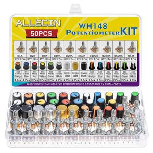 80Pcs WH148 Potentiometer Kit 1K 2K 5K 10K 20K 50K 100K 250K 500K 1MK Ohm 15mm Shaft Single-Joint Linear Potentiometers 3Pins Set Variable Resistors with Plum Knob Cap and Aluminum Alloy Knobs