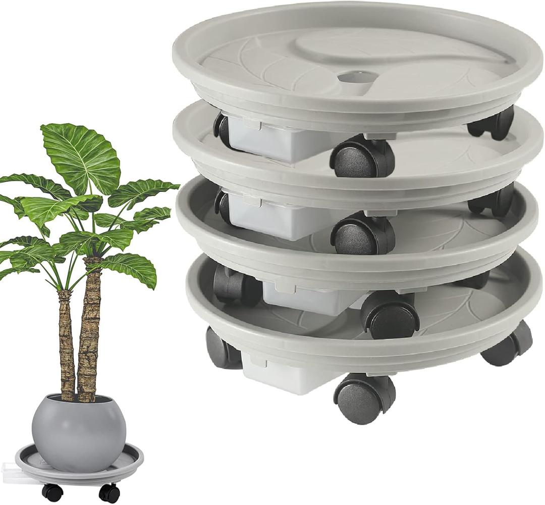 4 Packs 13 inch Plant Caddy with 4 Wheels and Drainage Tray,Round Flower Pot Mover,Garden Rolling Plant Stand with Wheels,Plant Pallet Dolly for Heavy Duty Planter,Loading Capacity 110Lbs
