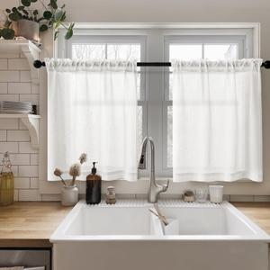 CUTEWIND 2 Panels Linen Kitchen Curtains with Rod Pocket 36 x 24 Light Filtering Sheer Window Curtains Rustic Boho for Bathroom Camper Ivory White