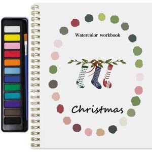 Watercolor Workbook for Adults & Beginners: 12 Colors Paint Set with Brush, Foldable Painting Kit for Christmas Ideal Gift(Christmas)