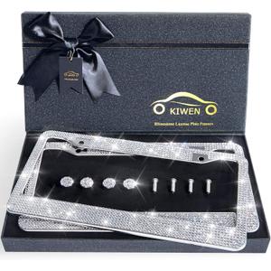Bling License Plate Frames with High End Ribbon Gift Box,2 Pack Rhinestone License Plate Frame,Handcrafted Crystal Premium Stainless Steel Bling License Plate Frame for Women,Party,Birthday,Xms Gift