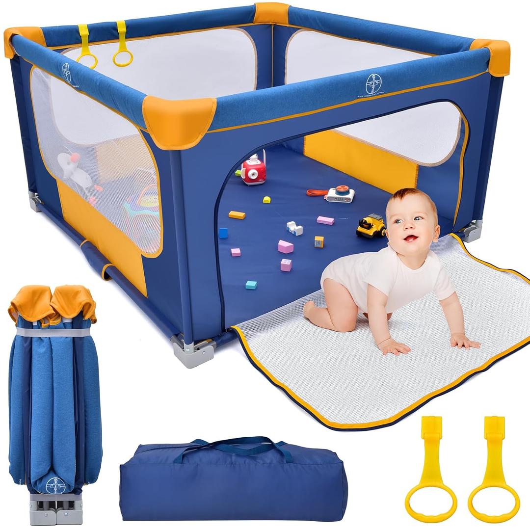Foldable Baby Playpen, 50"50" Play Pens for Babies and Toddlers, Indoor & Outdoor Kids Safety Fence with Gate, Portable Play Yard with 360 Visible Mesh and Carrying Bag, Blue (50x50in)