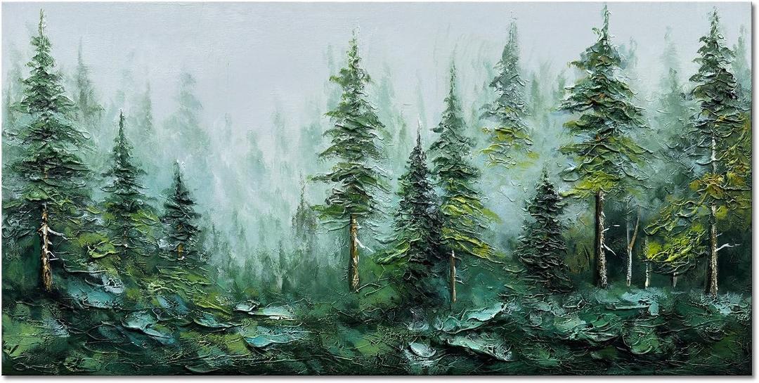 Alenoss Hand Painted Modern 3D Abstract Oil Painting 24x48 Inches Large Forest Landscape Textured Canvas Wall Art Green Artwork for Wall Decoration