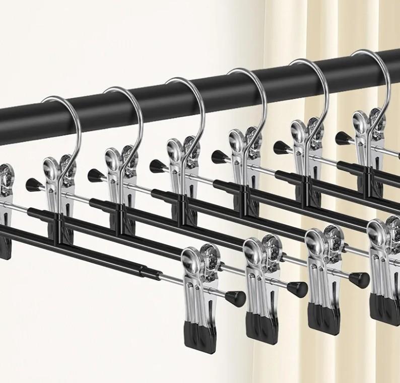 POZEAN Pants Hangers with Clips 10 Pack, 12Inch Adjustable Skirt Hangers for Women, Space Saving Non-Slip Hangers for Shorts, Jeans, Coat, Kids' Clothes (Black, 10Pack)