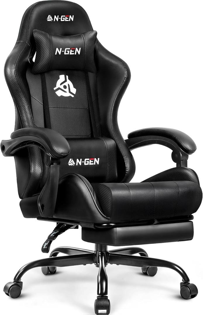 N-GEN NEXUS GAMING Video Gaming Chair with Footrest Lumbar Support for Home Office High Back Recliner Height Adjustable Ergonomic Comfy Leather Computer Desk Chair (Black)