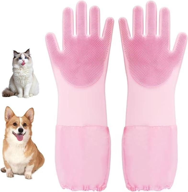 Silicone Pet Bathing Gloves with Finger Toothbrush 2-in-1 Grooming & Deshedding Gloves for Cats, Dogs, Rabbits Extended Design for Easy Cleaning & Massage(Pink)