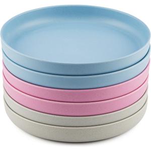 7-Inch Bamboo Plates Pack of 6 - Colorful Raised-Edge Tableware Set for Kids & Adults - Pink, Blue & Gray Dinnerware for Camping, Picnic - Reusable, Sustainable, Dishwasher-Safe Dishes